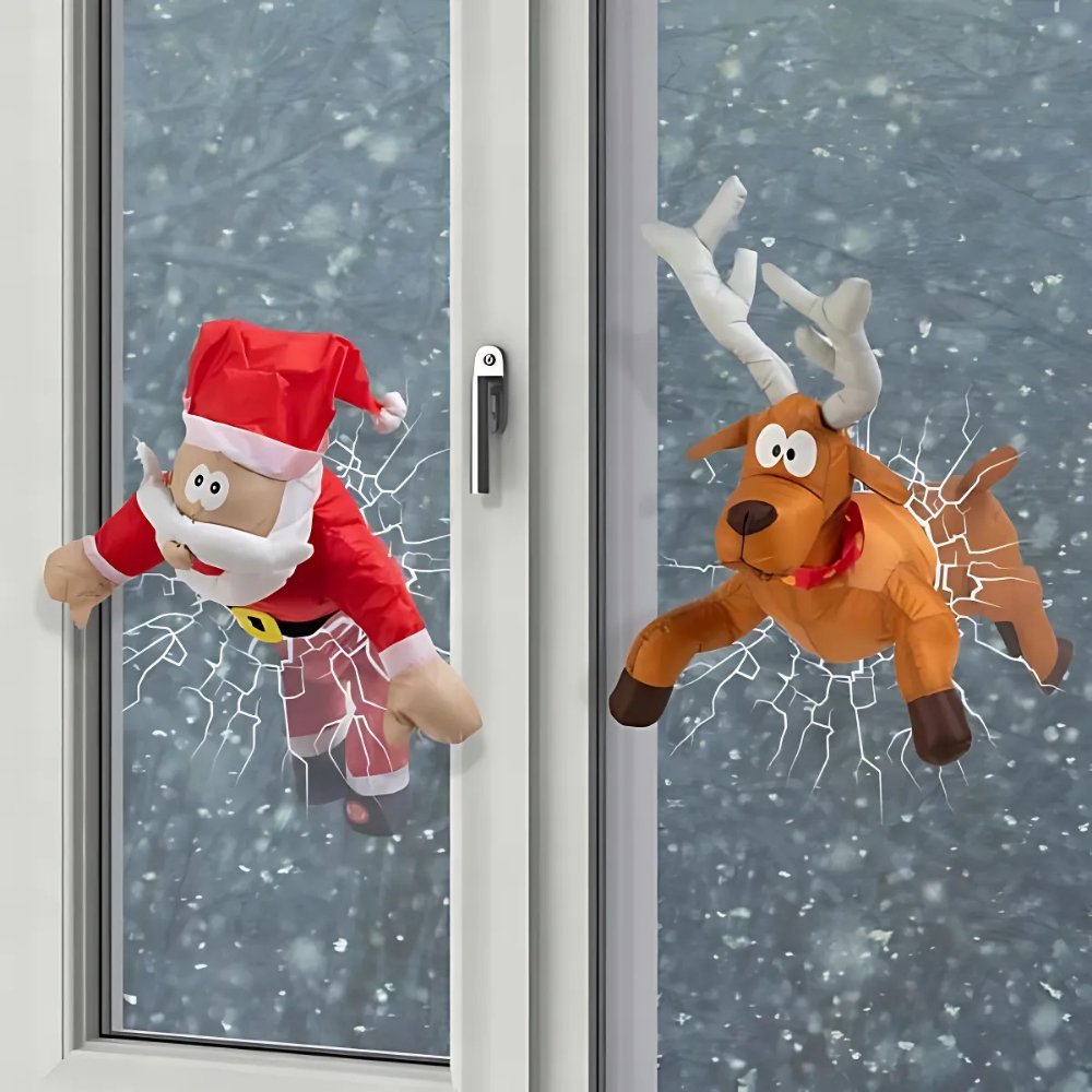 JollyCrash™ – Weihnachtsmann und Rentier Fenster-Crash Deko