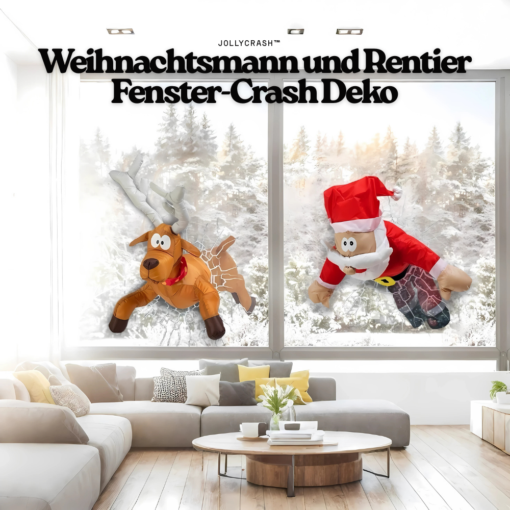 JollyCrash™ – Weihnachtsmann und Rentier Fenster-Crash Deko