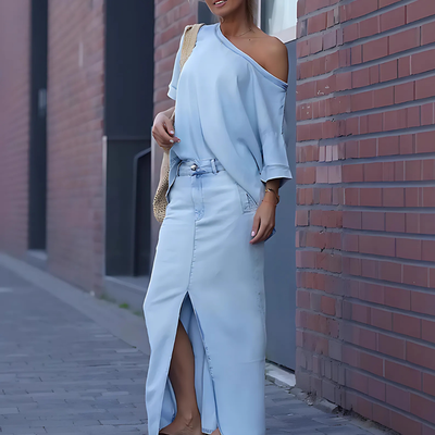 Ottilia™ – Elegantes Denim Off-Shoulder Top & Rock-Set