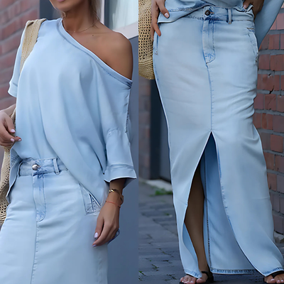 Ottilia™ – Elegantes Denim Off-Shoulder Top & Rock-Set
