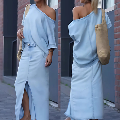Ottilia™ – Elegantes Denim Off-Shoulder Top & Rock-Set