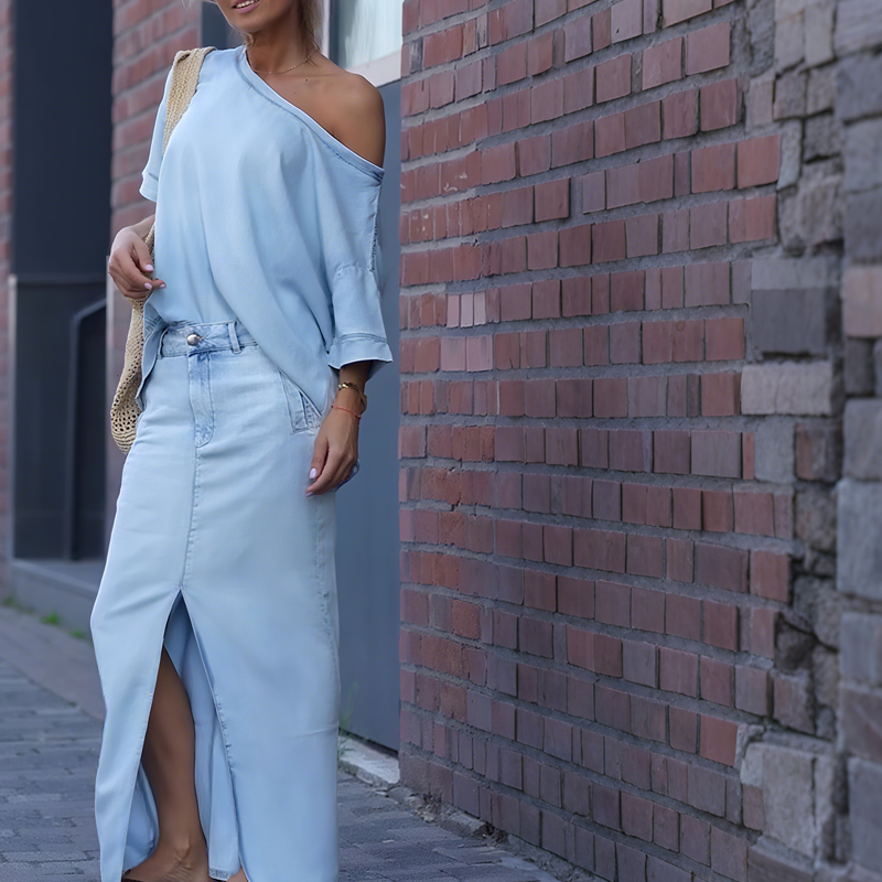 Ottilia™ – Elegantes Denim Off-Shoulder Top & Rock-Set